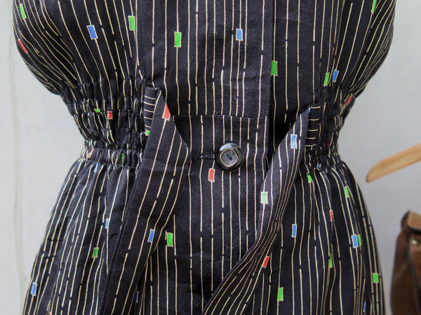 Domina Romina | Vintage 1960s 1970s Tri-color Domino chips shape print Black Slim-cut Dress