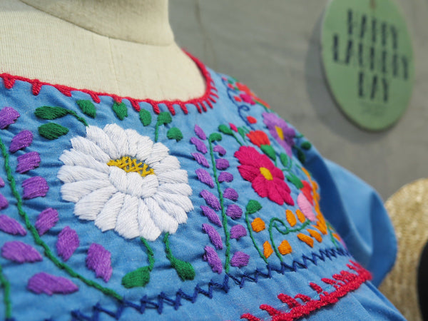 Vintage 1960s 1970s floral mexican Oxacan hand-embroidered caftan midi hippie bohemian dress | Sky Blossoms |