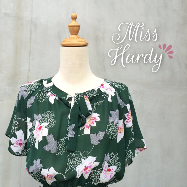 Miss Hardy | Orchid flower geometric print Vintage 1970s pleated Day dress