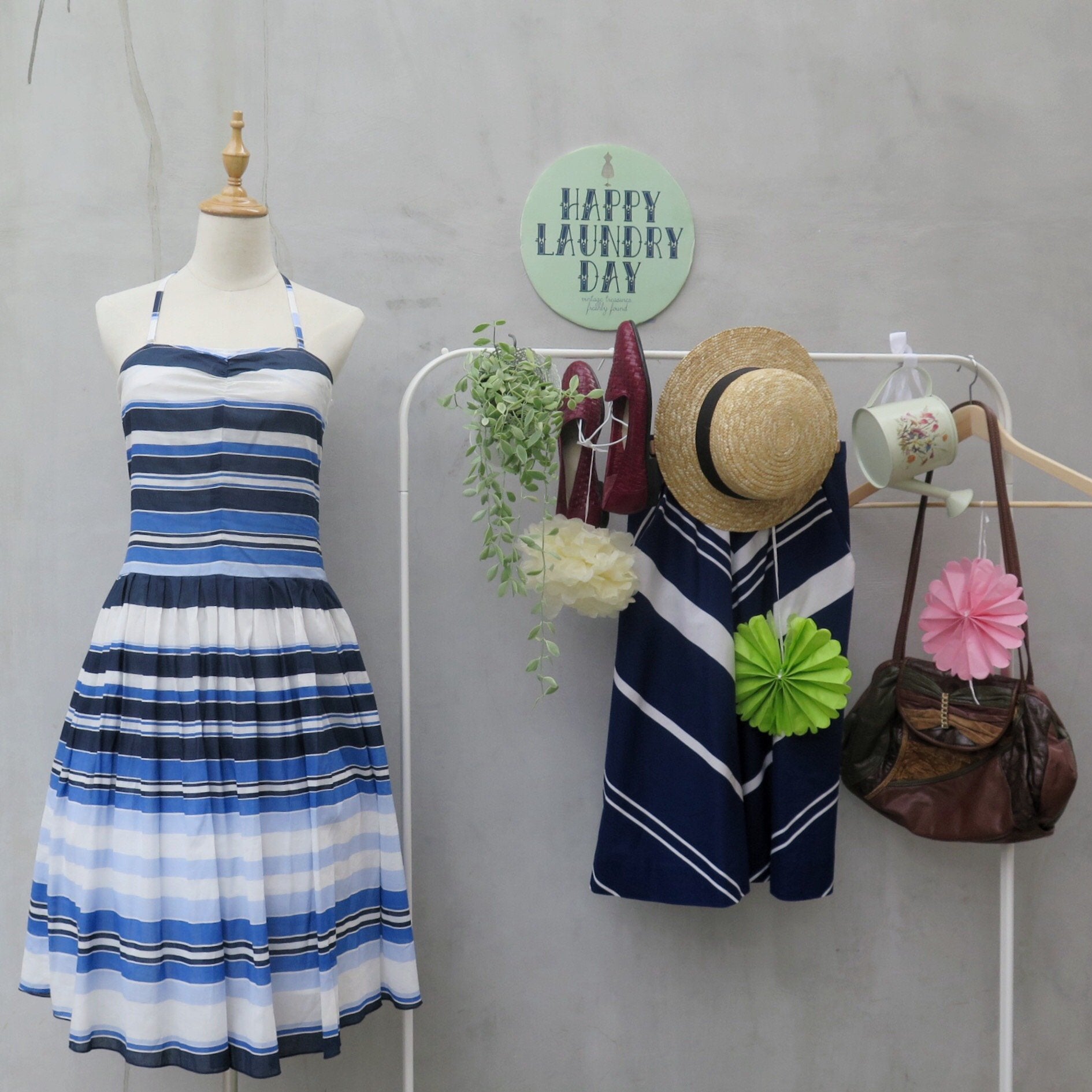 Blue Kite | Vintage 1980s 1990s Striped Blue Nautical strapless Summer Dress