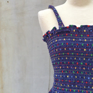 Twister Game On! | Vintage 1970s Hippie multi-color polka dots Smocked bust Strappy Maxi Dress