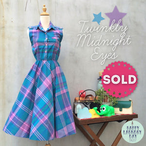Twinkly Midnight Eyes | Vintage 1950s plaid dress in pink purple and blues with Pockets