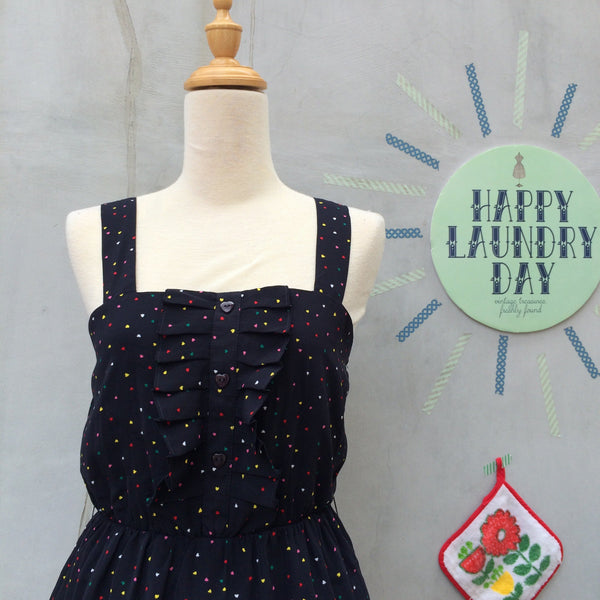 I give you my heart | Vintage 1980s heart-shaped Confetti print Sun dress with Front ruffles