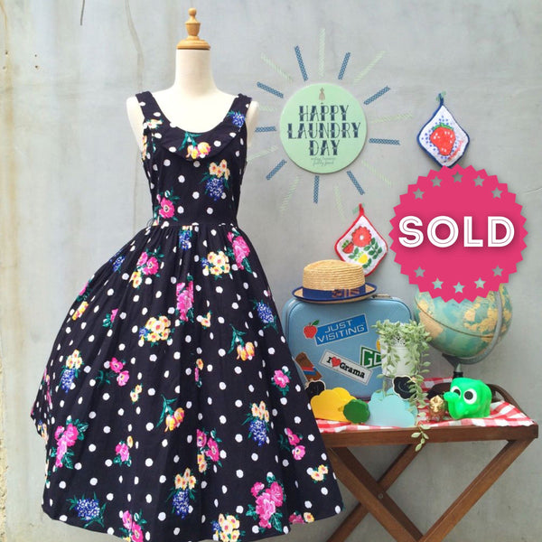 Soul Flower | Vintage 1980s flocked flowers Black and white polka dot dress with