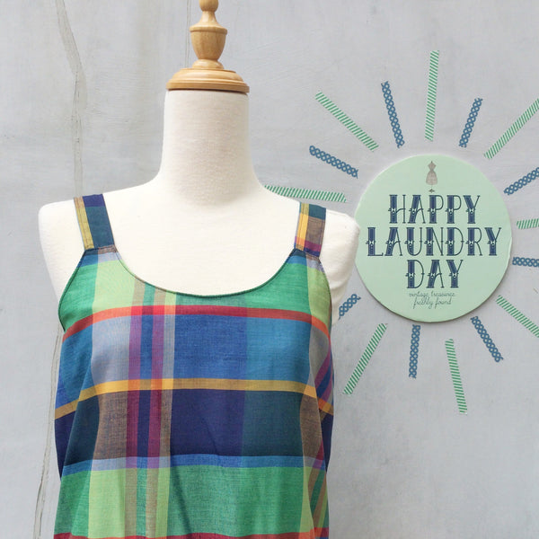Bethany | Vintage 1950s 1960s Diagonal squares and checks Bold Green Blue strappy Sundress