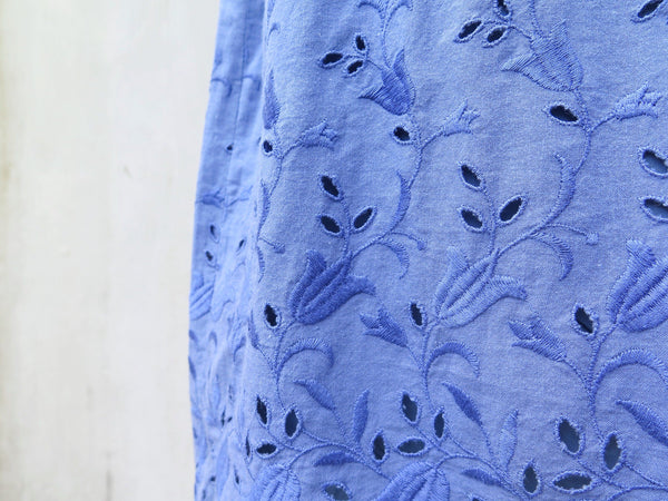 MUST HAVE! | Connie | Vintage 1950s 1960s Cotton-mix Cornflower blue Tulip pattern lace embroidery cut-out Elastic waist Dress