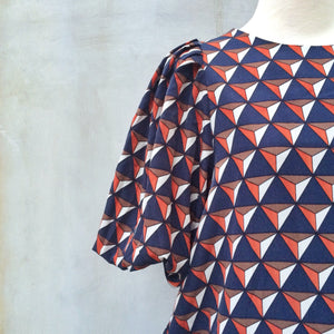 Gentle Triangles | Modern vintage-inspired Muted Sienna brown Navy and White Triangle geometric Short Dress