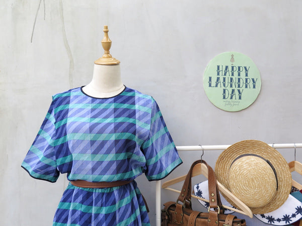 This way and that | Vintage 1950s 1960s Turquoise and Indigo print Checkered and stripes Midi Dress