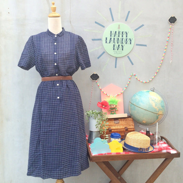 The Ride Home | Easy Japanese 1940s Mandarin Collar Navy and White Checkered Shirtwaist Dress with POCKETS