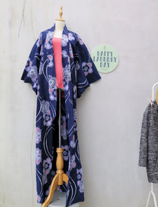 Sakura | Vintage 1960s 1970s oriental Japanese cherry blossom print Fireworks Dark blue Long traditional Kimono