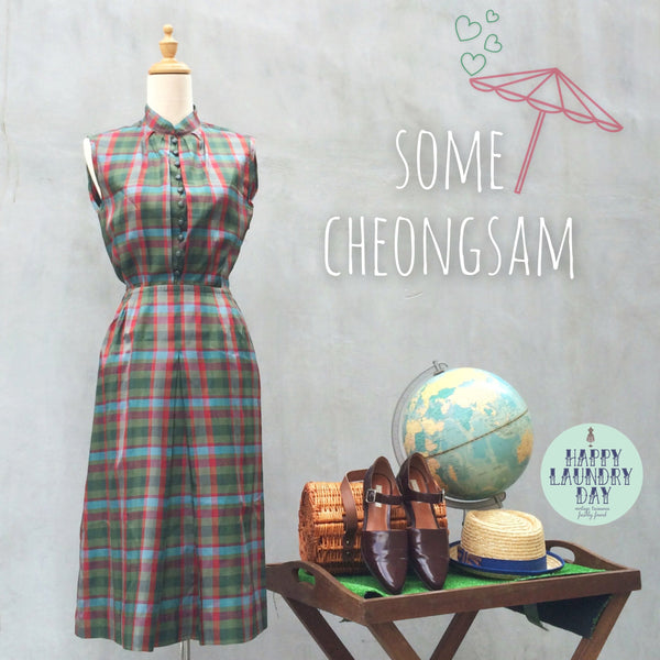 Some Cheongsam | Oriental mandarin collar Cheongsam inspired Checkered 1930s 1940s Day dress