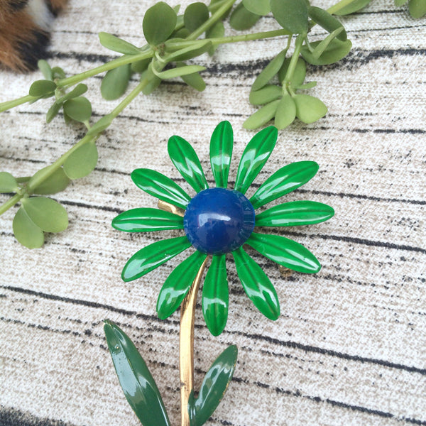 Petals metal | Vintage 1960s enamel flower brooch with green petals and blue centre