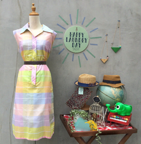 Must Have! | Shades of Gentle | Vintage 1960s 1970s pastel pantone colours Lines and Plaid Shirt Shift Dress