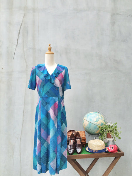 SALE! | No Plaid like home | Vintage 70s turquoise teal and pink Geometric checks Ruffles Tulip sleeves Day Dress | Diamond plaid tartan checkered