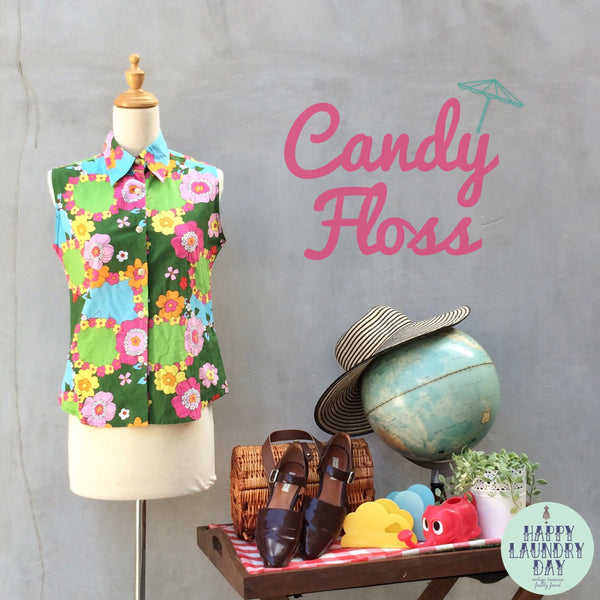 Candy Floss | Bright flower power Vintage 1960s cotton Retro mod Shirt Blouse