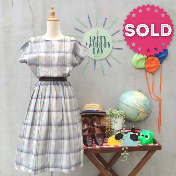 Tiffany | Vintage 1980s does 1950s linen mix brown and green Checks Plaid Flared Dress