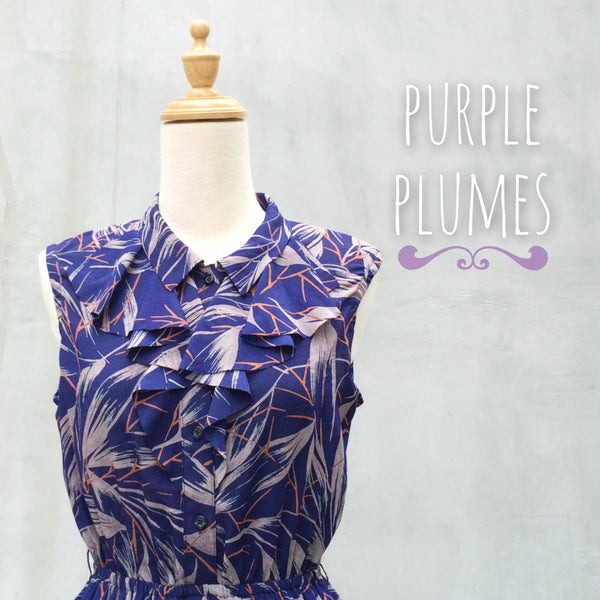 SALE ! |  Purple Plumes | VIntage 1980s ruffles peplum Dark Purple feather print retro Work shift Dress | Pencil Skirt