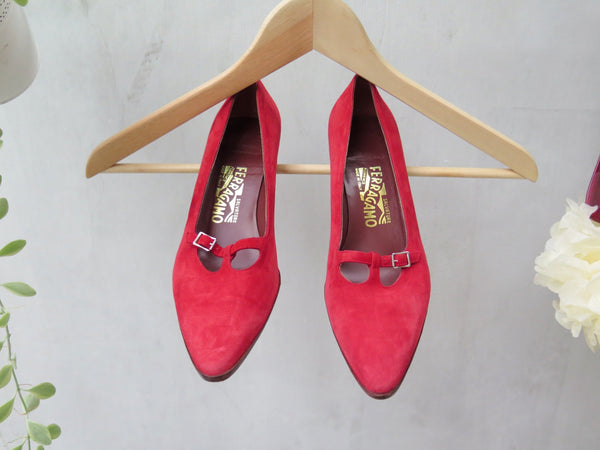 Red Hot Chilli Padi | Red suede Vintage 1950s 1960s Salvatore Ferragamo T-bar kitten heels