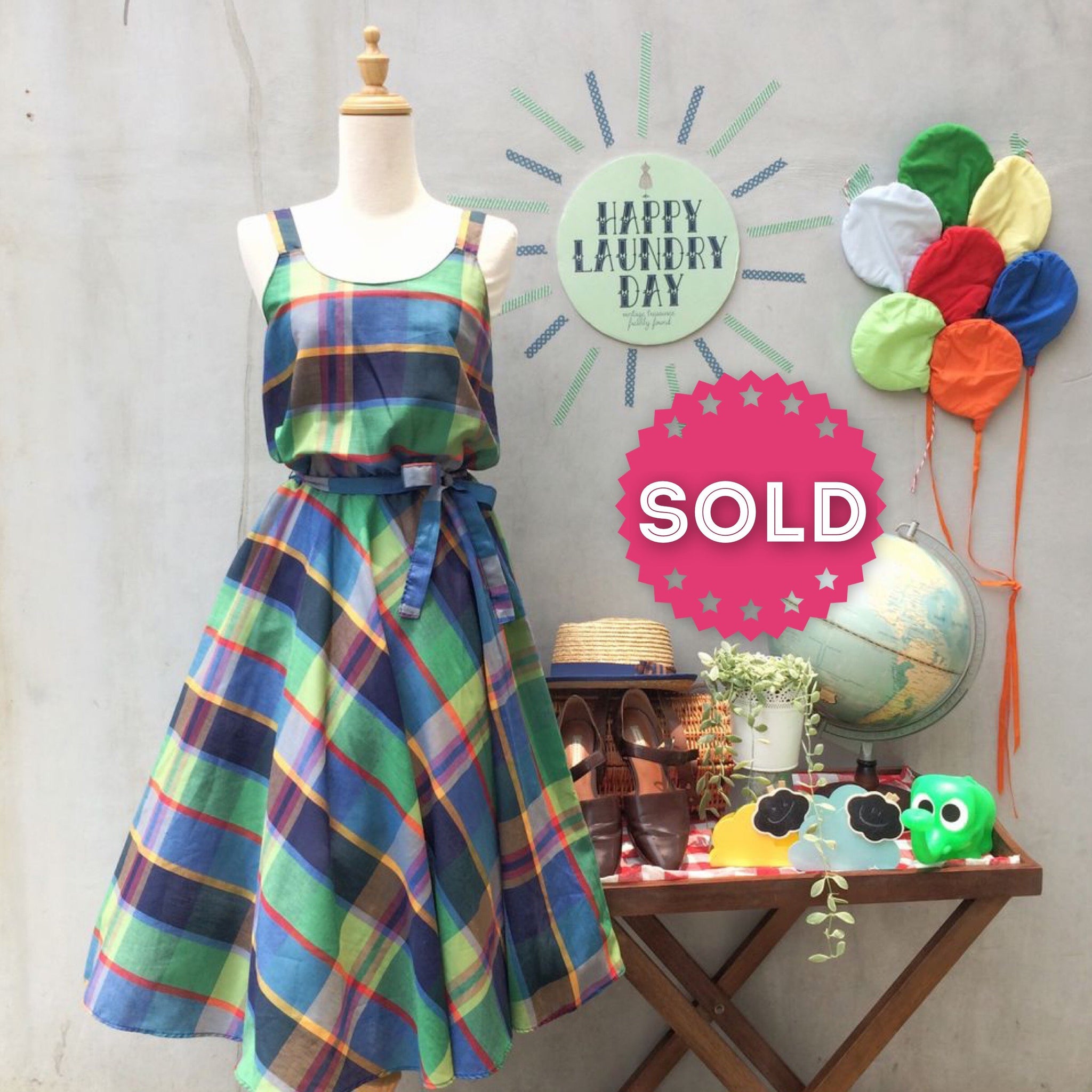Bethany | Vintage 1950s 1960s Diagonal squares and checks Bold Green Blue strappy Sundress