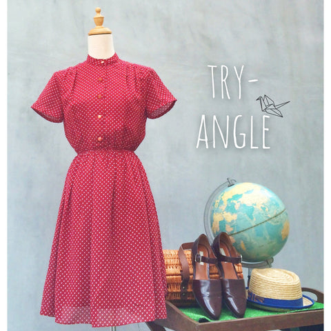 Try-angle | Plum red white triangle polka dot geometric print Vintage 1970s dress