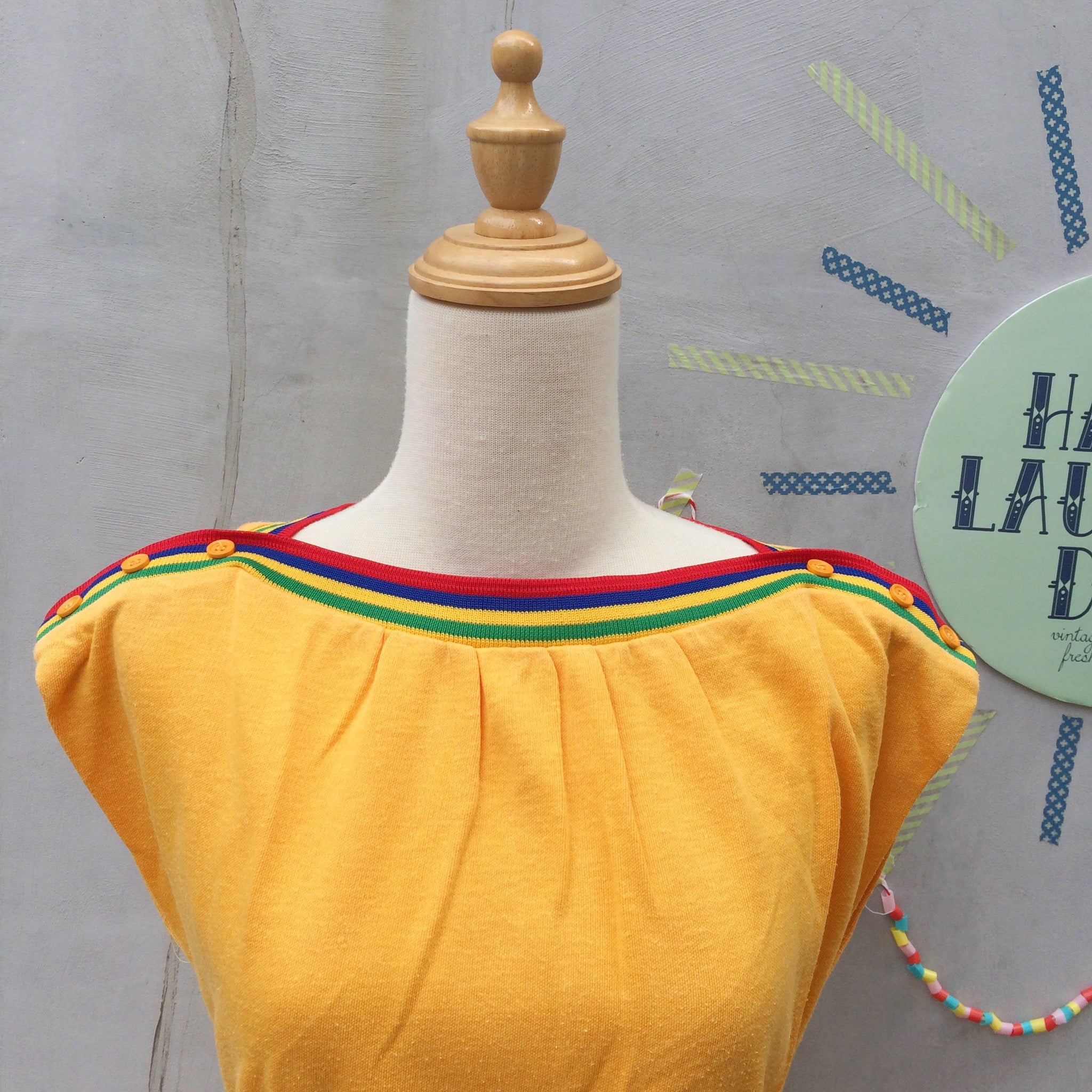 Sunshine & Rainbows | Vintage 1970s 1980s rainbow stripe and buttons Jersey Tent Popover dress