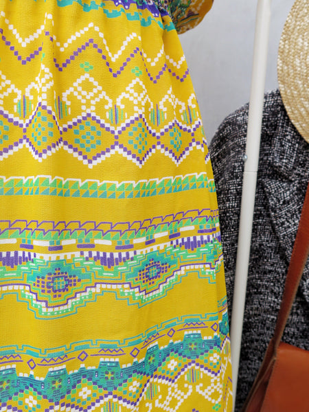 Yellow birdie told me | Vintage 1960s 1970s Ethnic hippie aztec print Midi Dress