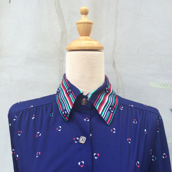 Mix Match | Vintage 1970s Nautical feel Sporty & Elegant Long Sleeve Navy Blue Button down Shirt Dress