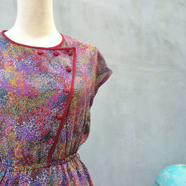 Coral Reef dress | Vintage 70s floral marine aquarium print zigzag buttons Dress