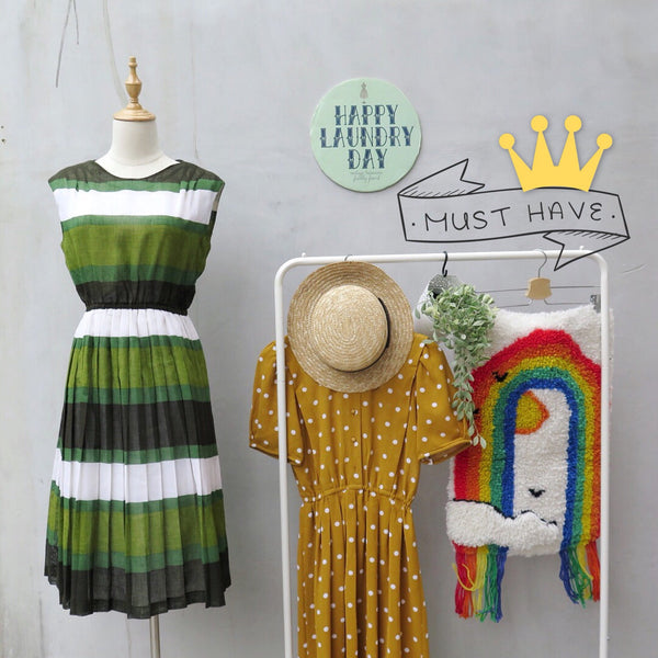 Verde Verdi | Vintage 1960s 1970s Horizontal stripes Green, Khaki and White Flaired A-line skirt Dres