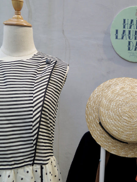 Dual Duel | Vintage Stripes and Polka dot Monochromatic Black White Sleeveless Dress