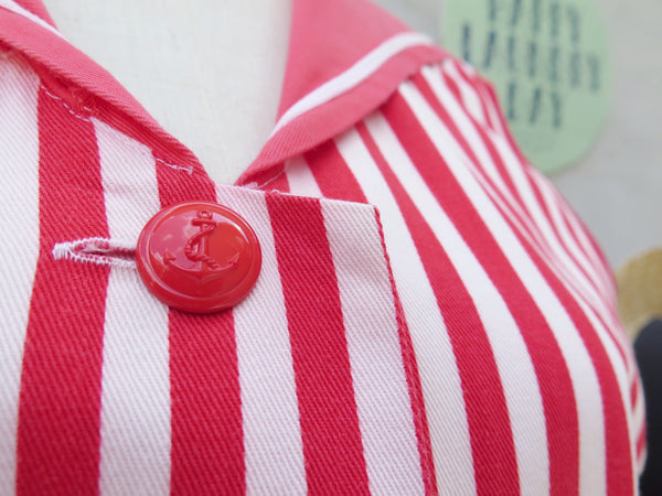 Samantha | Vintage 1930s 1940s Cotton Sailor collar Pink and white striped Button-down Seaside Holiday Dress
