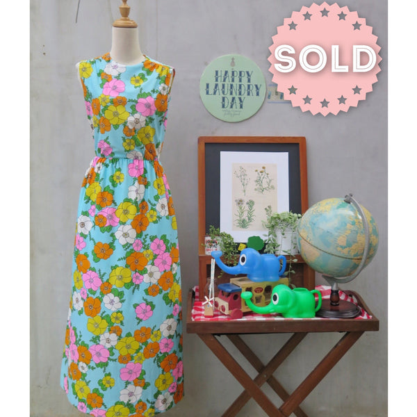 California Dreamin' | Vintage 1960s 1970s Retro Mod Flower Power NEON floral print Maxi Dress with Pockets