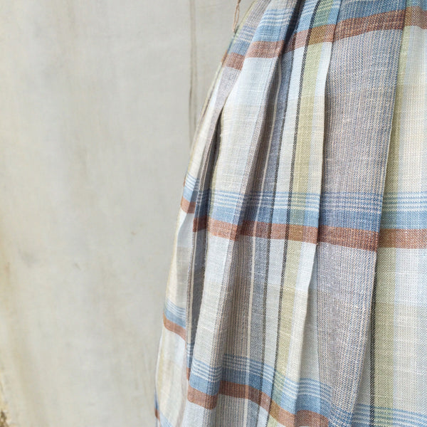 Tiffany | Vintage 1980s does 1950s linen mix brown and green Checks Plaid Flared Dress