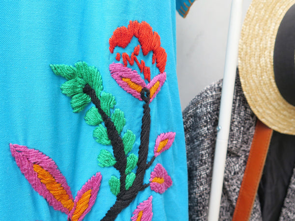 Azzura Huzzah | Vintage 1960s 1970s turquoise embroidered Mexican hippie Maxi Dress