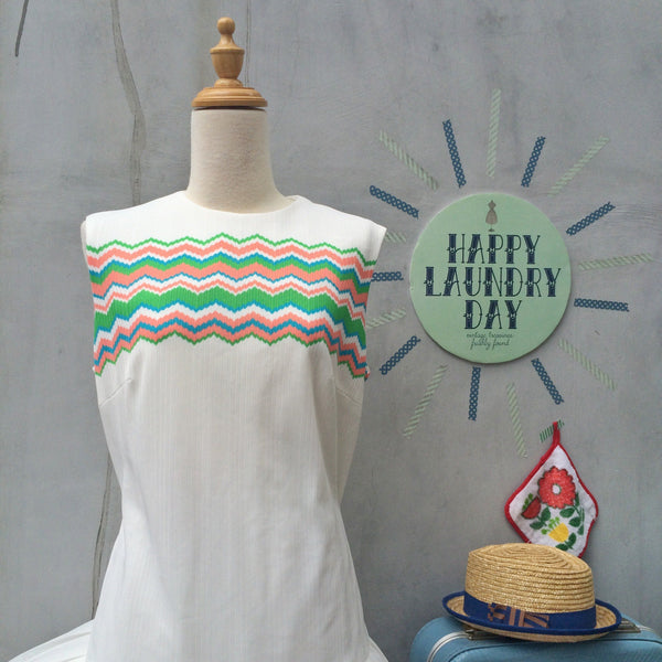 Tennis Luncheon | Vintage 1960s 1970s Stepford wives Club Luncheon sporty Chevron zig zag stripes White Drop Waist Dress