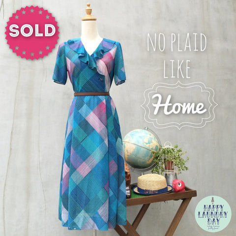 SALE! | No Plaid like home | Vintage 70s turquoise teal and pink Geometric checks Ruffles Tulip sleeves Day Dress | Diamond plaid tartan checkered