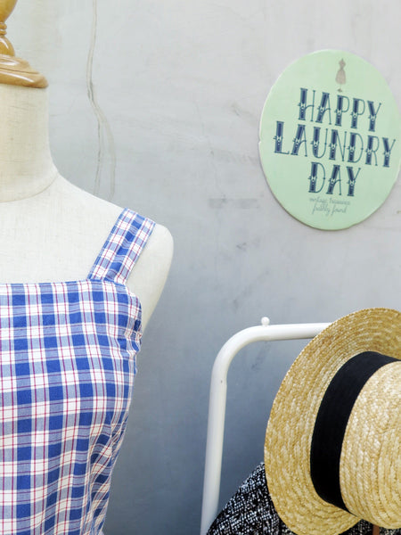 Charlene | Vintage 1950s 1960s Checkered gingham Blue white & red Sun Dress