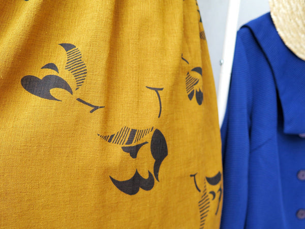 Fly away | Vintage 1960s abstract geometric shape print mustard yellow swan neckline dress