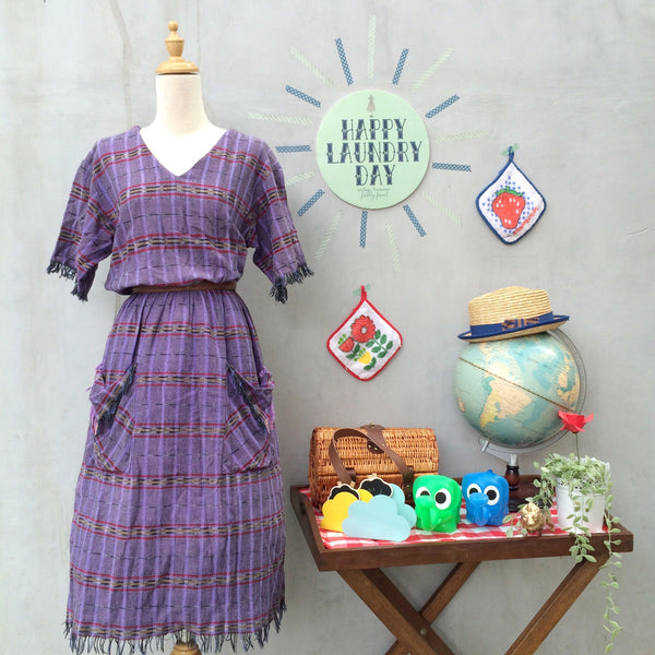 SALE! | Vintage 1980s 1990s tribal Ethnic fringe hems Day Dress with pockets