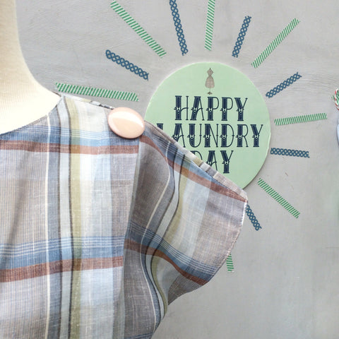 Tiffany | Vintage 1980s does 1950s linen mix brown and green Checks Plaid Flared Dress