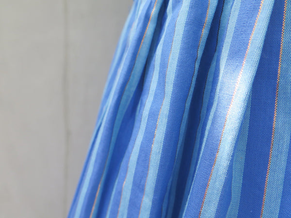 MUST HAVE! | Rumpelstiltskin | Vintage 1960s 1970s Striped Blue modal Square neckline Frilled sleeves Dress with Gold Threads