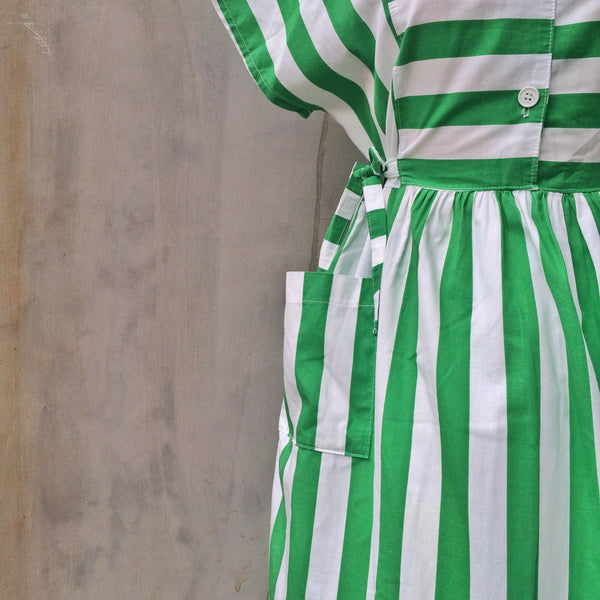 Watermelon Summer | Vintage 1980s does 1950s Green white Stripes Pockets dress