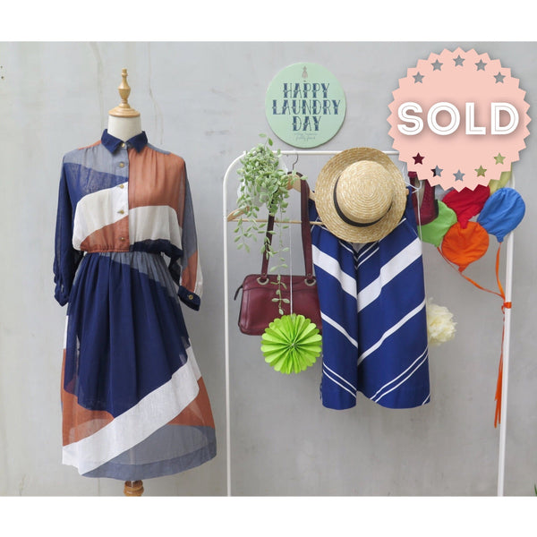 Clarissa | Vintage 1940s long-sleeve shirt dress with Brown White Blue Color Blocking