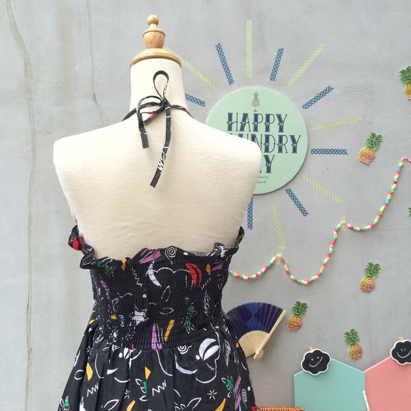 Art Class Graduate | Vintage 1980s pop art Abstract confetti and Scribble print Halter Sun Dress