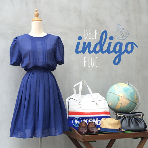 Deep Indigo Blue | Solid color 70s vintage pleat front Dress