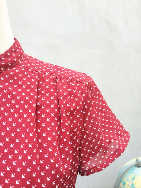 Try-angle | Plum red white triangle polka dot geometric print Vintage 1970s dress