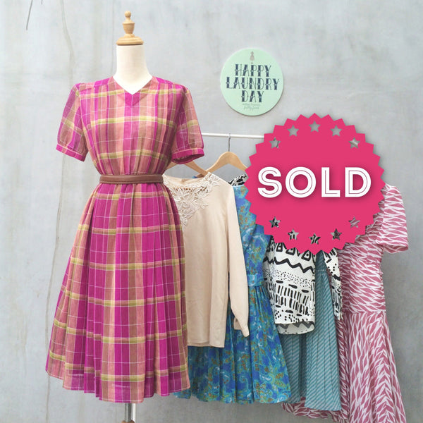 Pink Poms Pops | 1950s vintage Flared skirt purple pink and hues of yellows + green V-neck Tea Dress