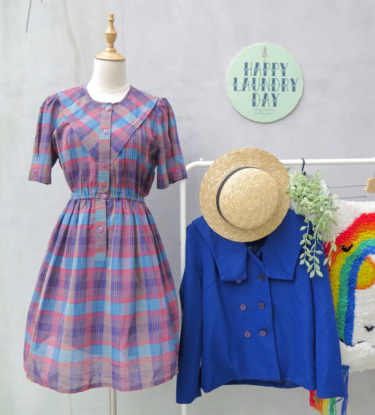 Ginny | Vintage 1940s 1950s Pink and blue gingham checkered mock sailor bib vintage dress
