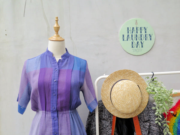 Pauline | Vintage 1950s 1960s linen-mix Big squares Lavender and Indigo purple checkered gingham dress
