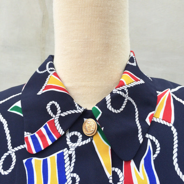 Summer Sailing | Vintage 1980s Talbots petites Nautical theme Flag + Rope Navy blue button-down dress with Matching belt